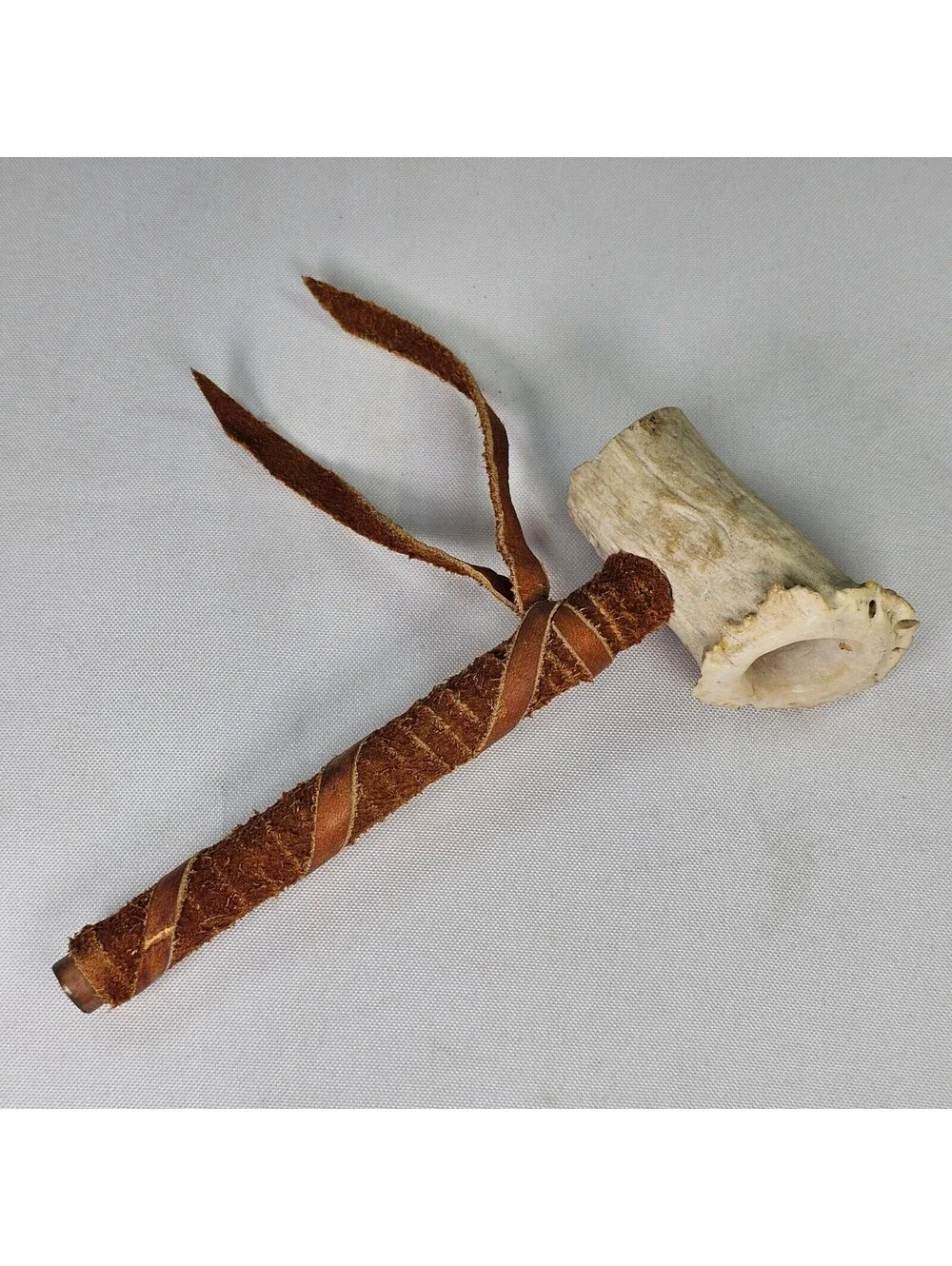 Handmade Antler Peace Pipe Leather Wrapped Stem Copper Tip Rustic 7in New